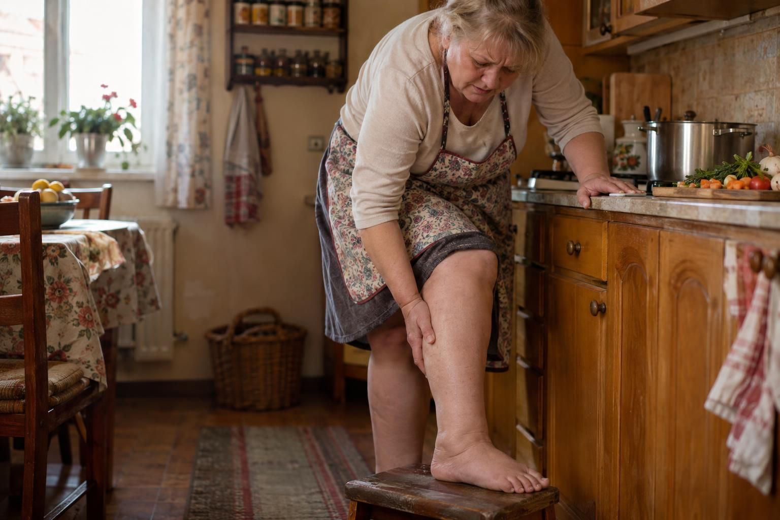 Žena u šezdesetima s teškim i otečenim nogama stoji u kuhinji, nogu je podigla na drveni stolčić i trlja natečeni list
